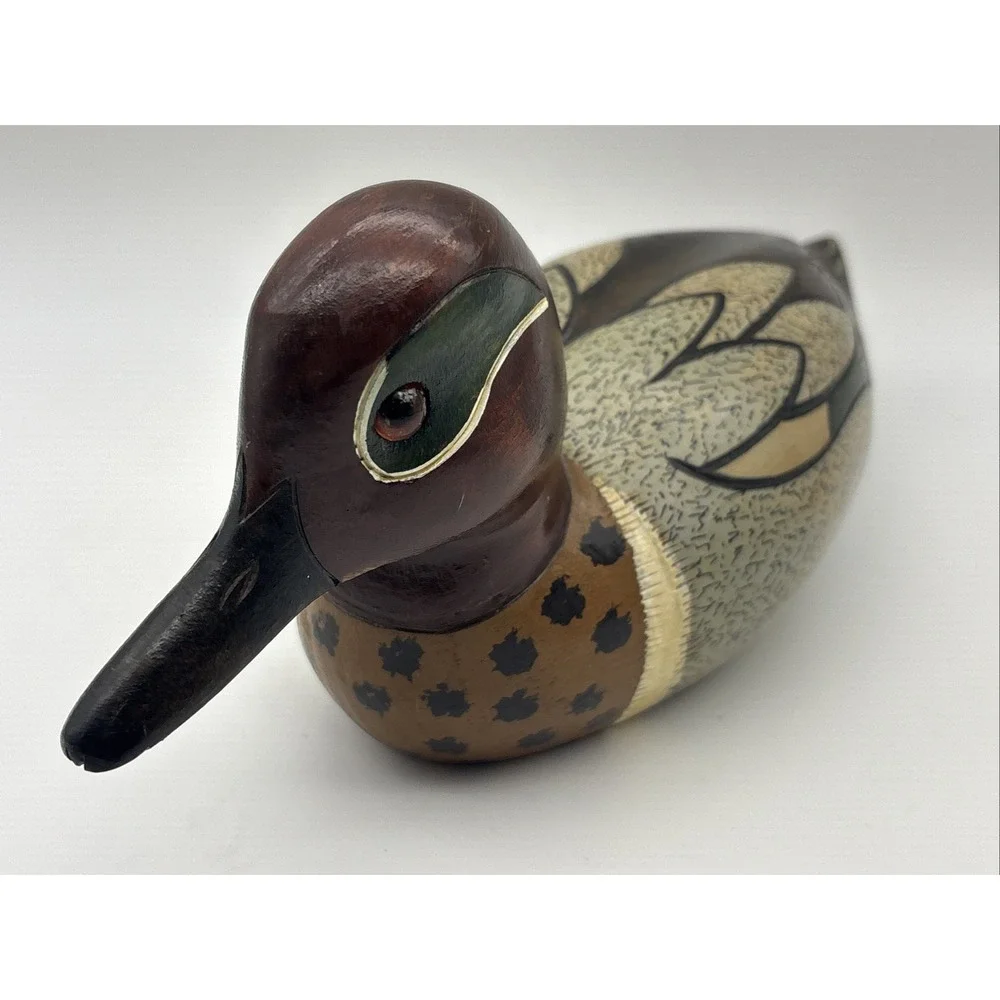 VTG Hand Painted Wooden Duck Decoy Green Wing 1984 Signed